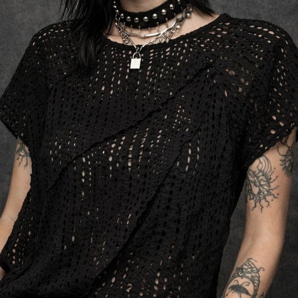 Divided Tops - Goth Edgy Grunge Black Mesh Top Size Large